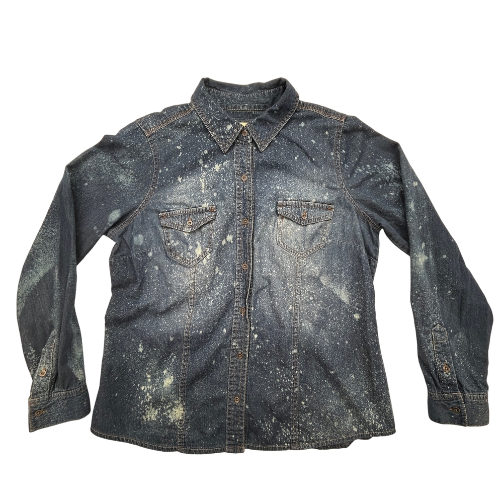 Sonoma Shirt Womens Large Denim Long Sleeve Button Up Distressed Paint Splatter
